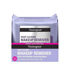 Neutrogena Night Calming Makeup Remover Face Wipes, Nighttime Cleansing Towelettes Remove Sweat, Dirt & Makeup & Calms Skin, Hypoallergenic, 100% Plant Based Cloth, Twin Pack, 2 x 25 ct