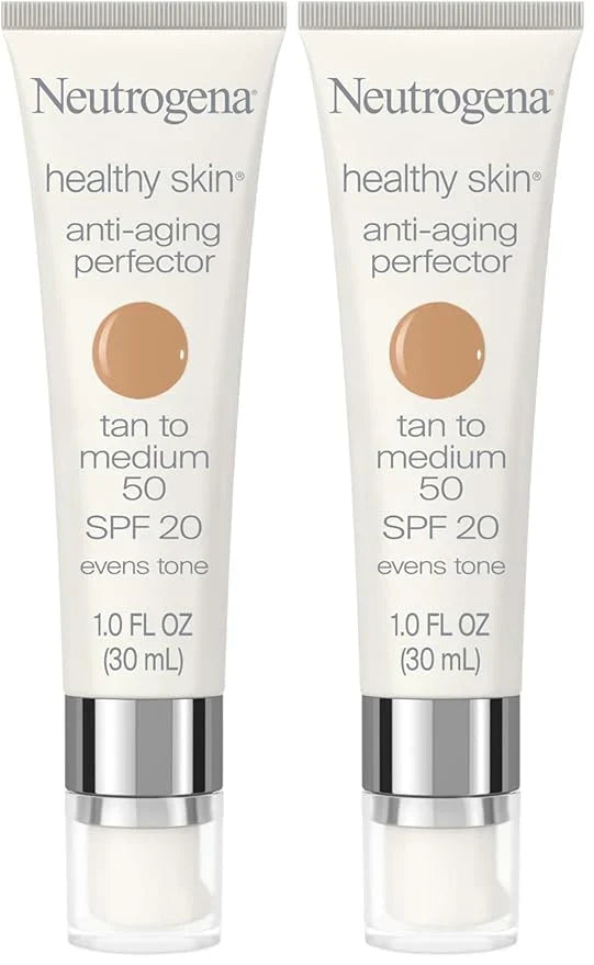 Neutrogena Healthy Skin Anti-Aging Perfector Tinted Facial Moisturizer and Retinol Treatment with Broad Spectrum SPF 20 Sunscreen with Titanium Dioxide, 50 Tan to Medium, 1 fl. oz (Pack of 2)