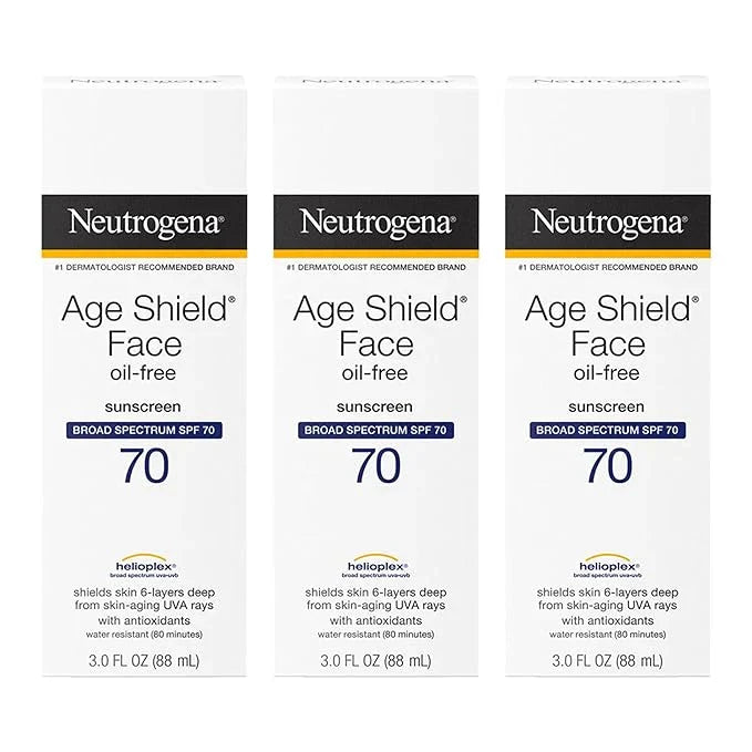Neutrogena Age Shield Face Oil-Free Sunscreen Lotion with Broad Spectrum SPF 70, Non-Comedogenic Moisturizing Sunscreen to Help Prevent Signs of Aging, PABA-Free, 3 fl. oz (Pack of 3)