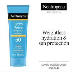 Neutrogena Hydro Boost Water Gel Sunscreen SPF 50, Oil‑Free Hydrating & Water‑Resistant Face & Body Sunscreen Lotion, Non‑Greasy, Broad Spectrum, Lightweight Moisturizer, 3 fl oz, Pack of 3