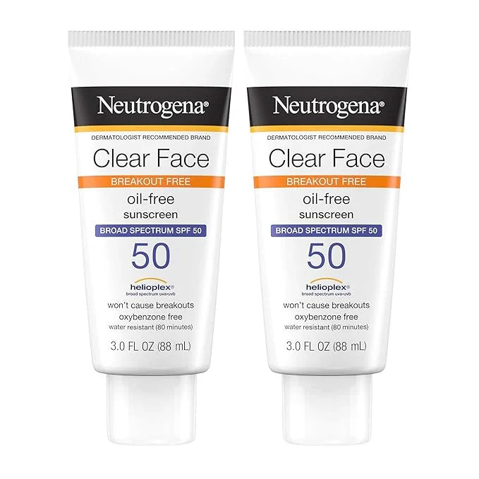 Neutrogena Clear Face Sunscreen Lotion for Acne-Prone Skin, Broad Spectrum SPF 50 Facial Sunscreen for Oily Skin, Oil-, Fragrance- & Oxybenzone-Free Water Resistant Sunscreen, Twin Pack, 2 x 3 fl. oz